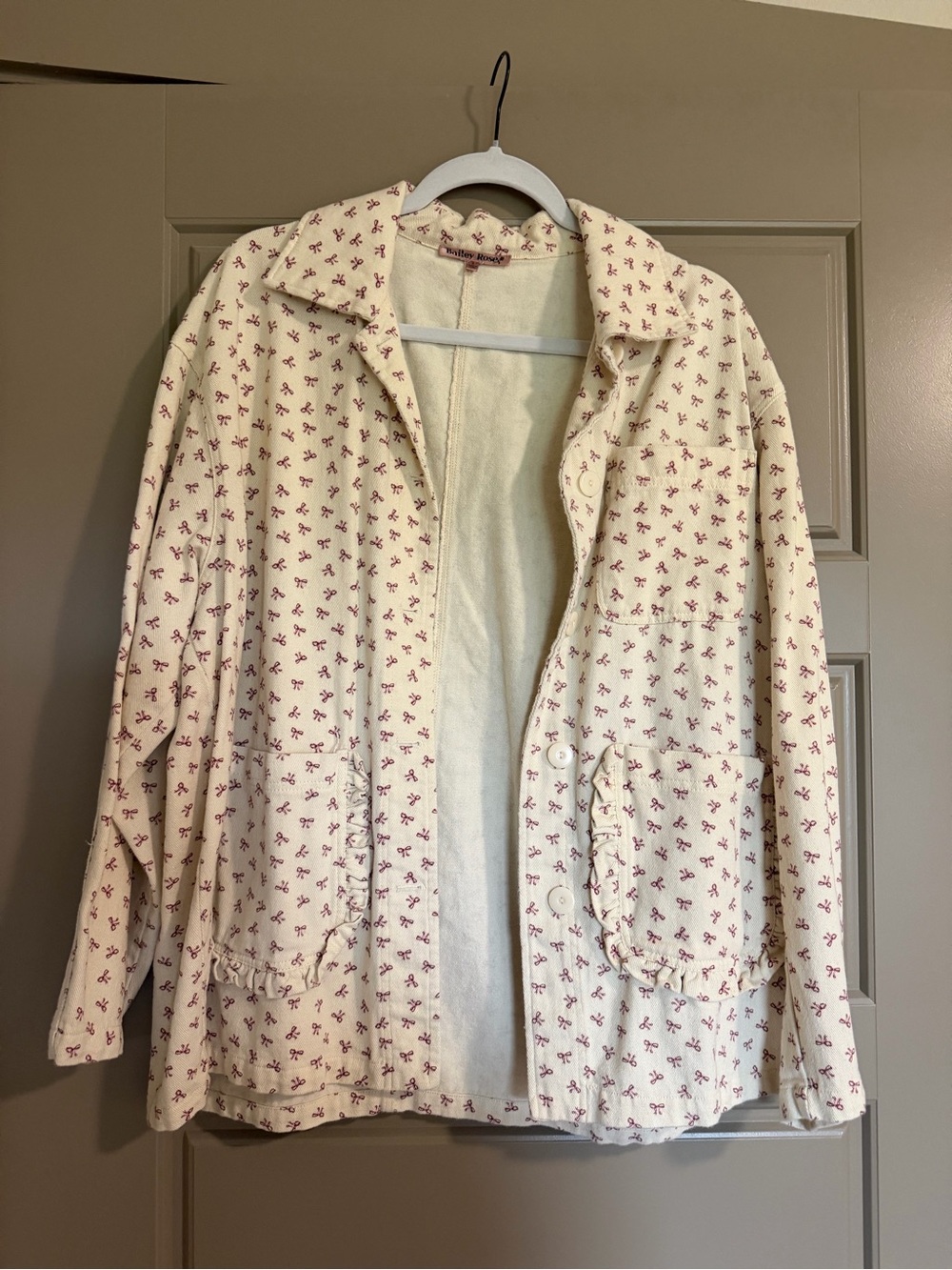 Cream Floral-Print Button Front Jean Jacket